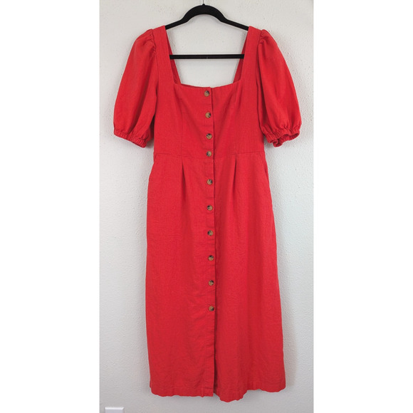 New Old Navy sz M Fit & Flare Midi length Dress redish pink puff sleeves 3117 - Picture 1 of 6